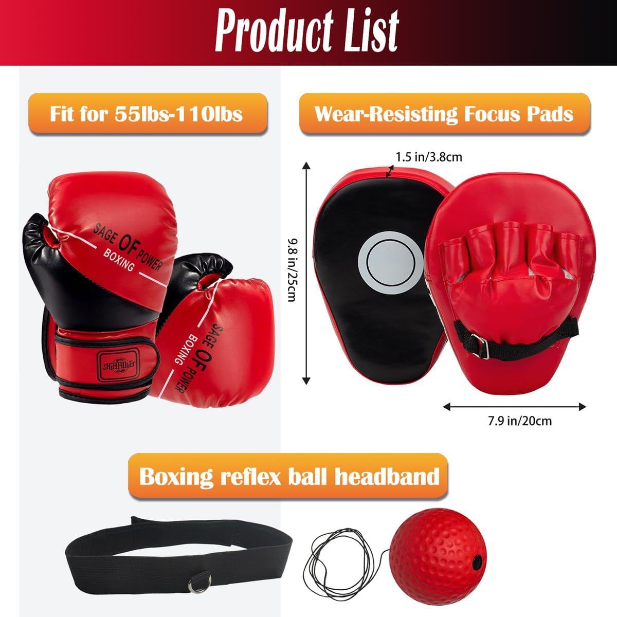 3-In-1 Kids Boxing Gloves and Punching Mitts Set, Boxing Pads with Boxing Reflex Ball, Kids Boxing Equipment Set for MMA Training, Muay Thai, Karate, Taekwondo