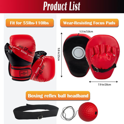 3-In-1 Kids Boxing Gloves and Punching Mitts Set, Boxing Pads with Boxing Reflex Ball, Kids Boxing Equipment Set for MMA Training, Muay Thai, Karate, Taekwondo