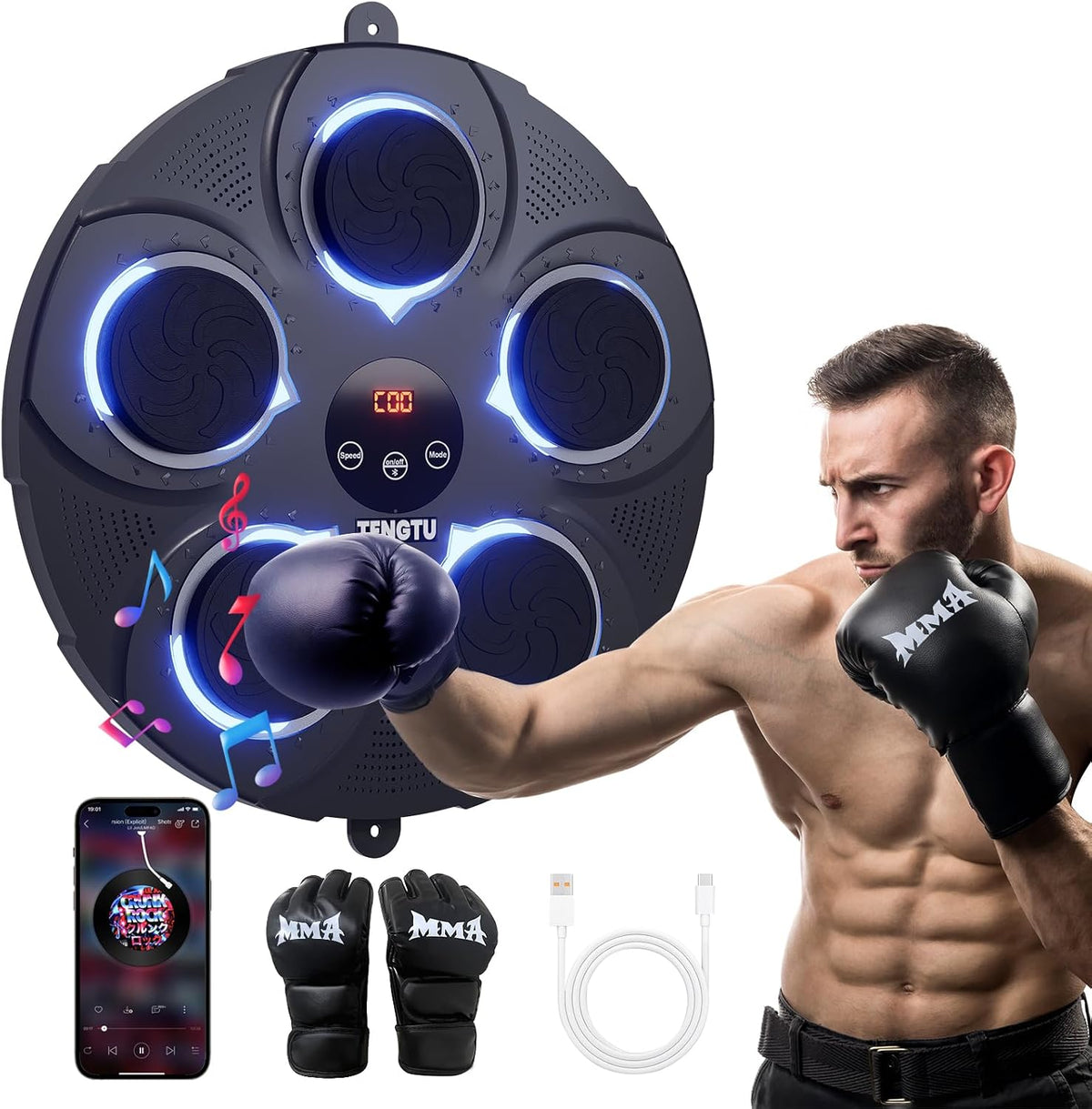 Musical Boxing Machine, Rechargeable Bluetooth Boxing Equipment Punching Bag, Intelligent Boxing Target, for Men Women Boxing Training, Vent Emotions, with Boxing Glove